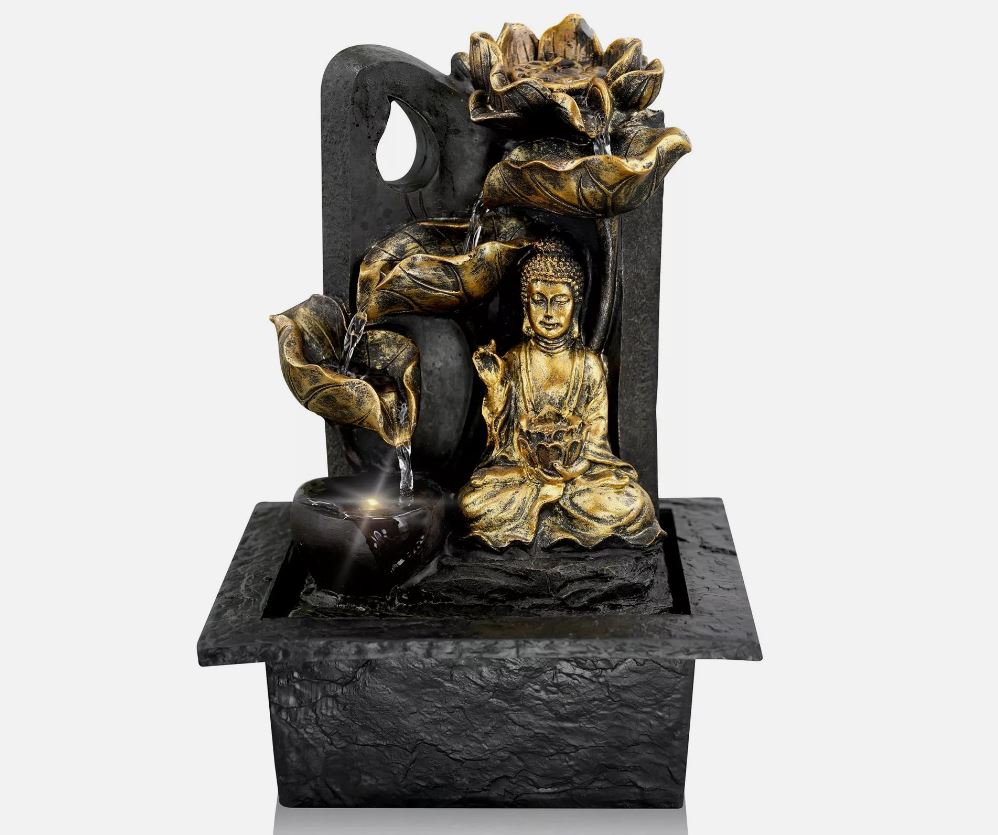 Gold Buddha Water Fountain With LED Light - Black Qubd