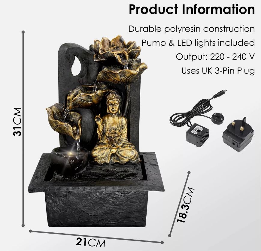 Gold Buddha Water Fountain With LED Light - Black Qubd