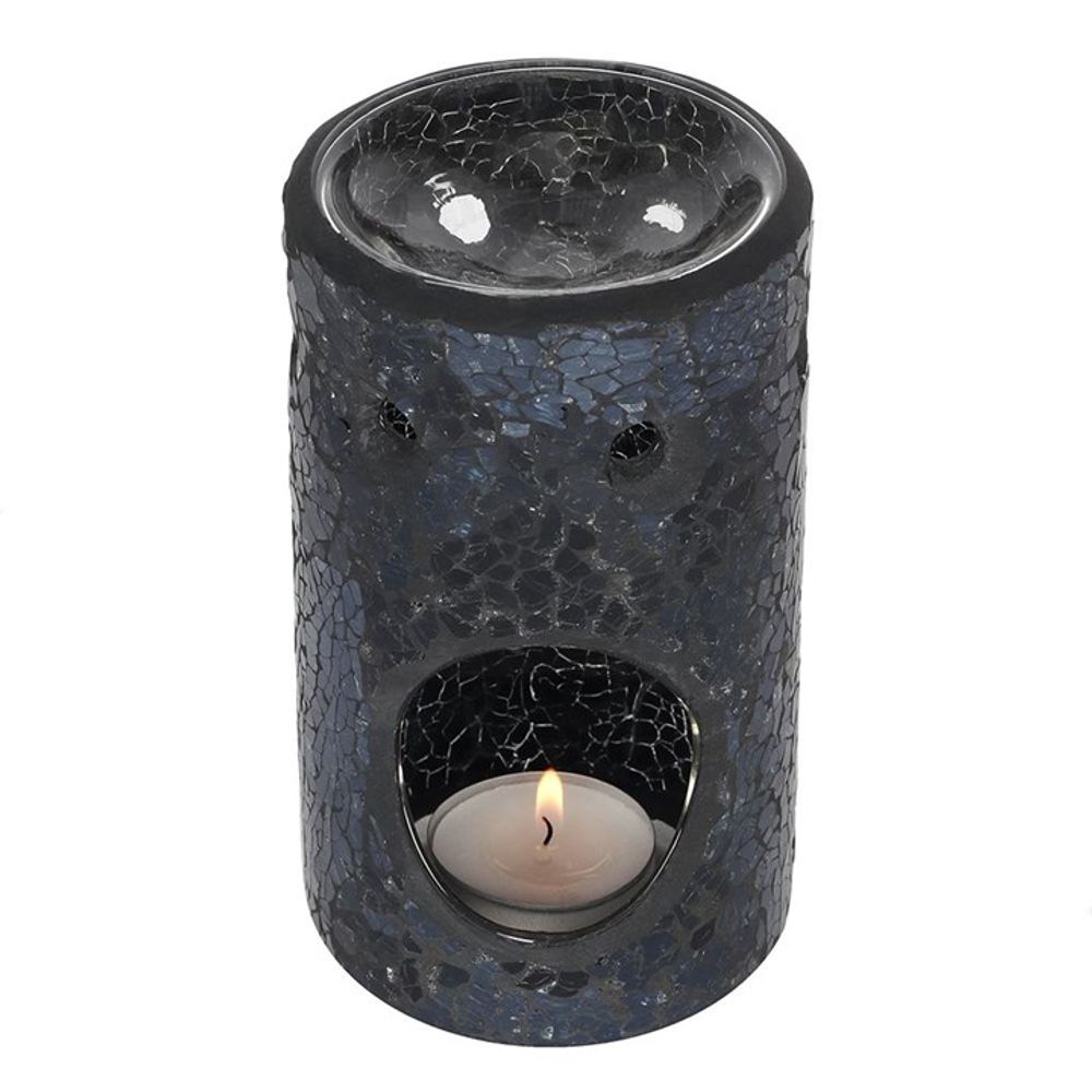 Black Crackle Glass Pillar Oil Burner - Black Qubd