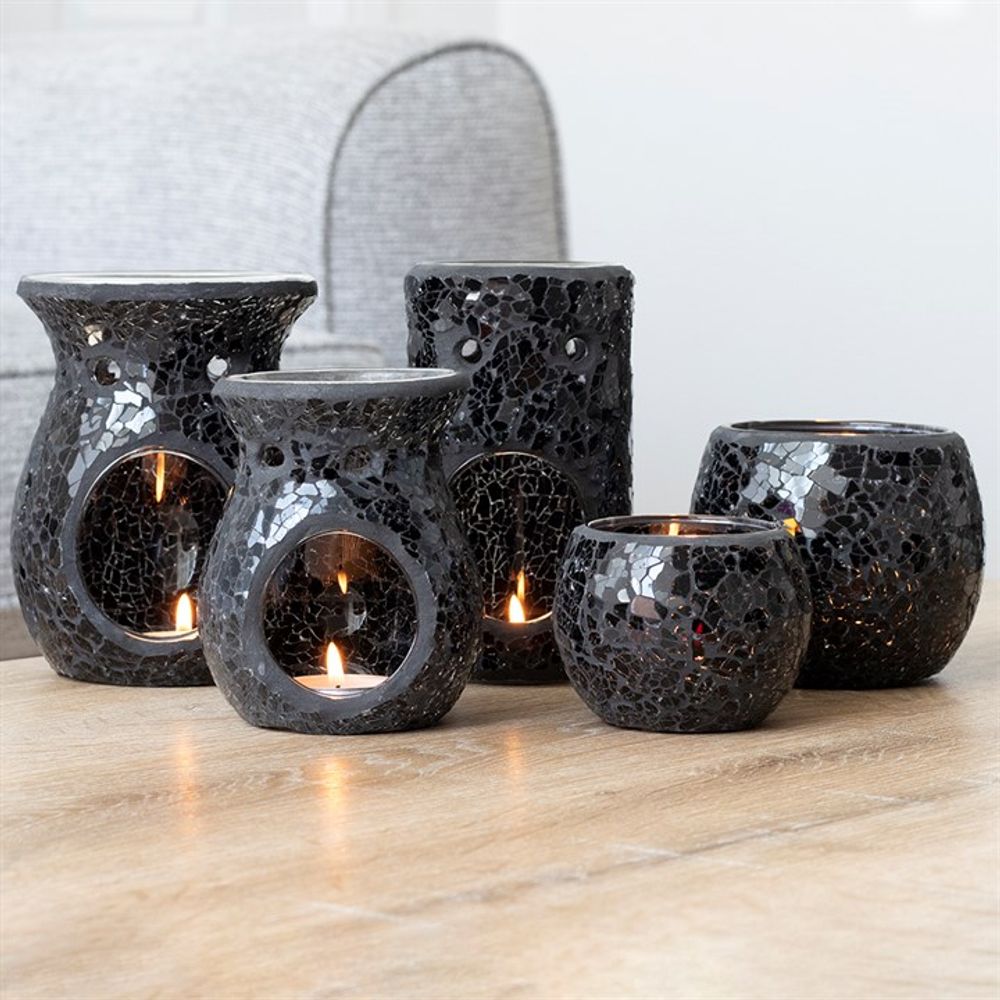 Black Crackle Glass Pillar Oil Burner - Black Qubd