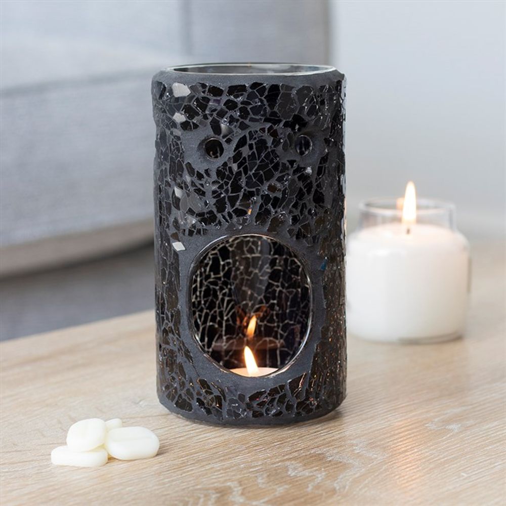 Black Crackle Glass Pillar Oil Burner - Black Qubd