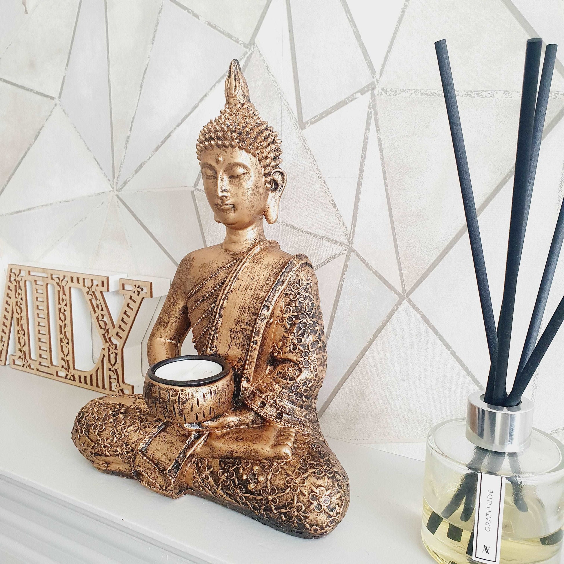 Rustic Gold Buddha Statue with Tealight Holder - Black Qubd