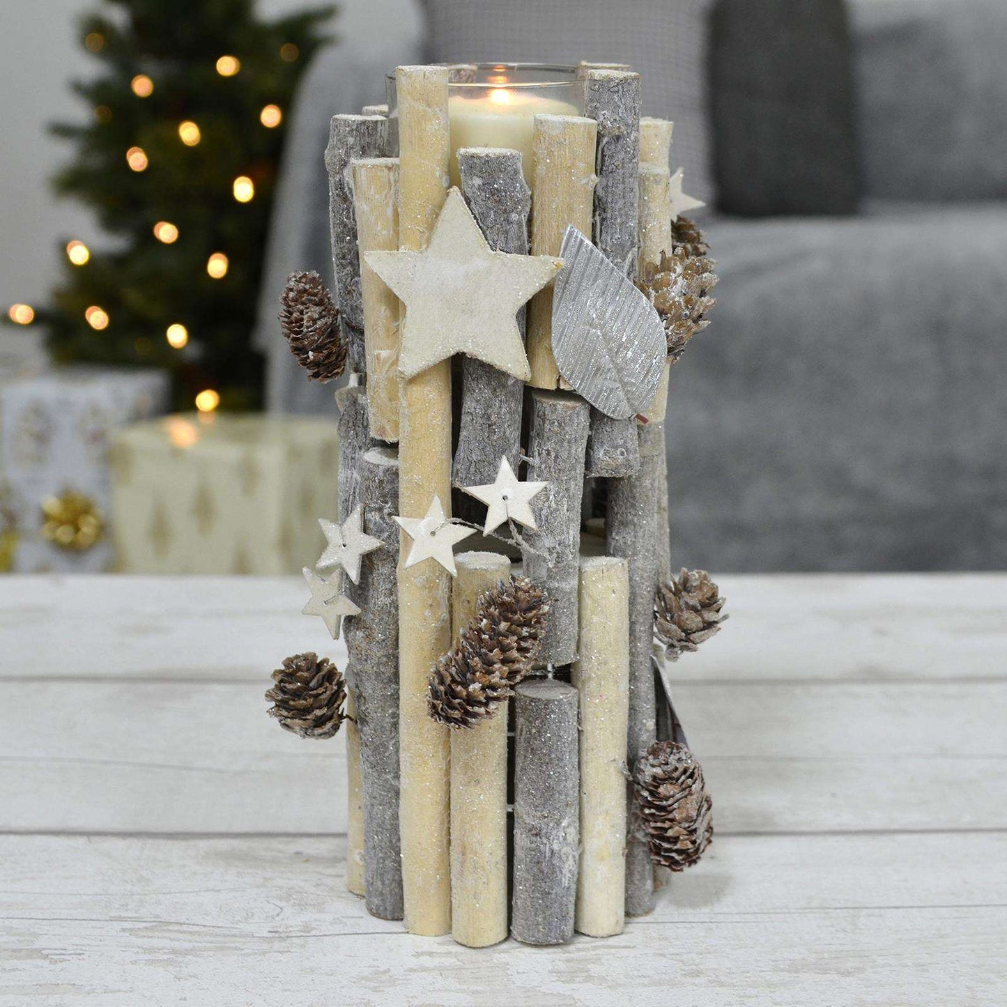 Nordic Grey Wood Tall Candle Holder - Black Qubd