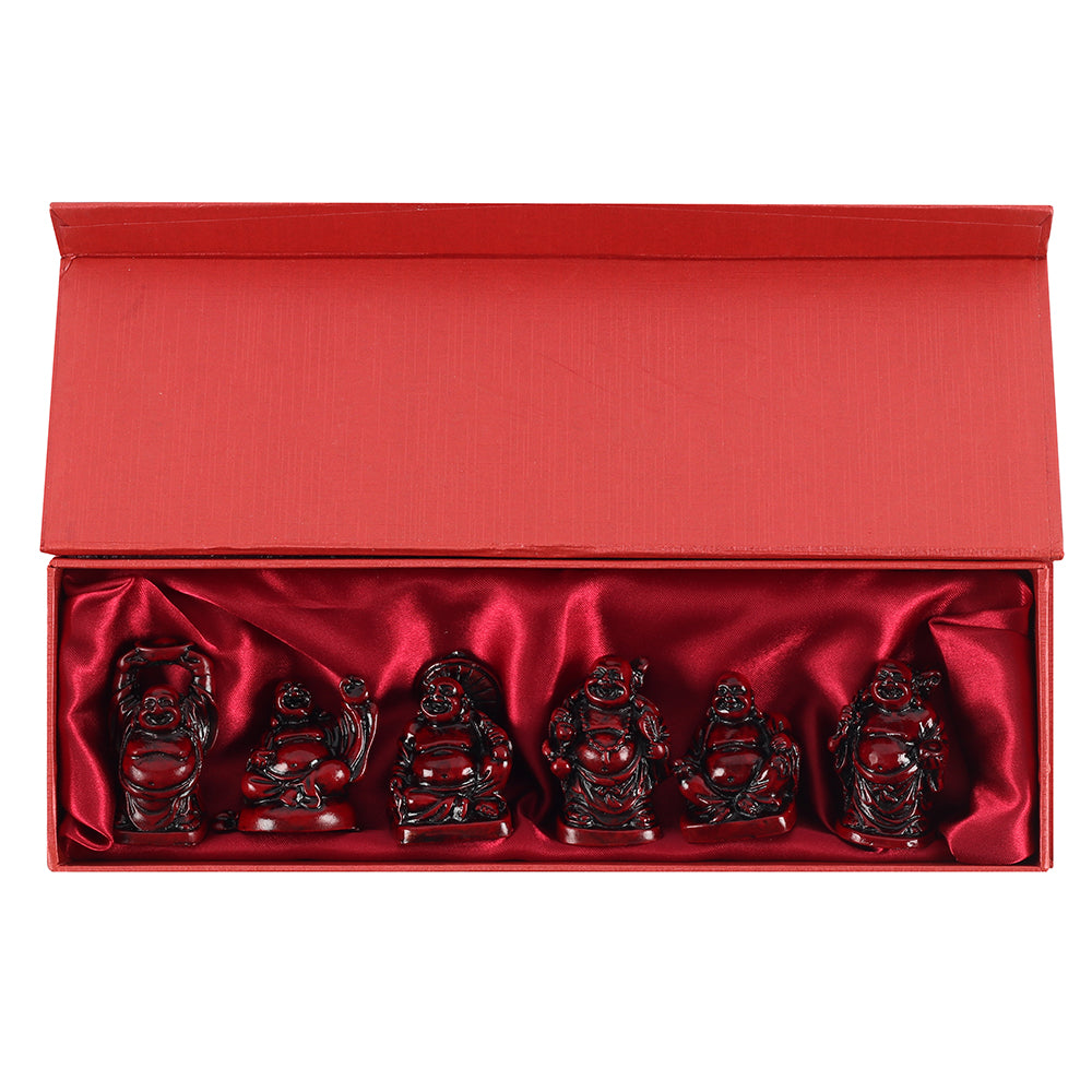 Set of 6 Red Resin Buddhas Statue Black Qubd