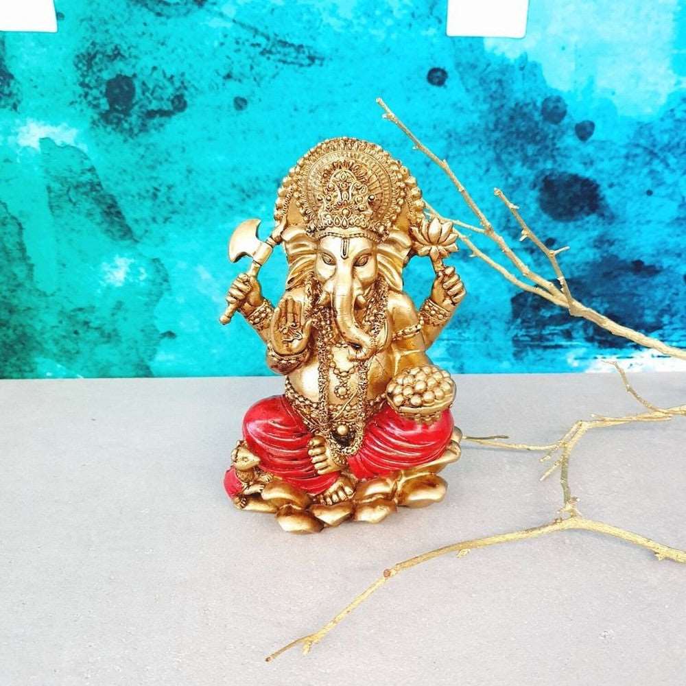 Gold Ganesh Sitting on Lotus - Black Qubd