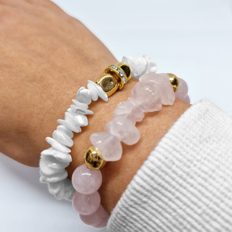 Rose Quartz Chip Crystal Bracelet Set - Black Qubd