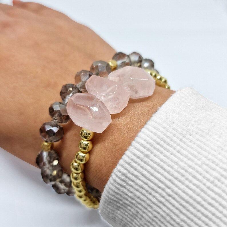 Rose Quartz Crystal with gold beads Bracelet Set - Black Qubd